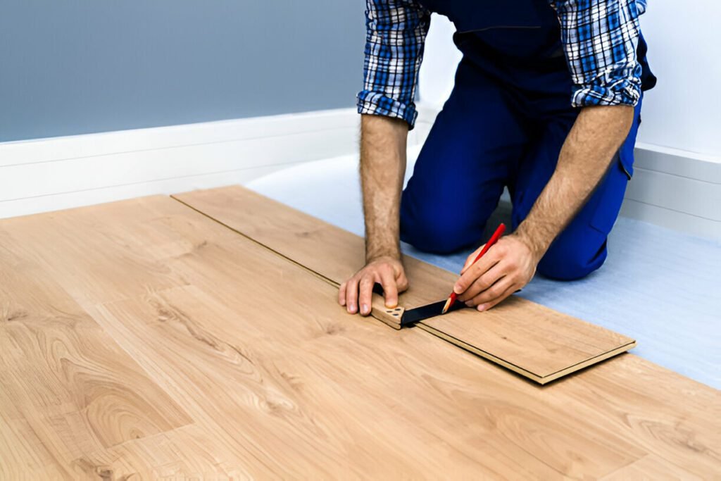 Professional installing hardwood flooring with precision tools.