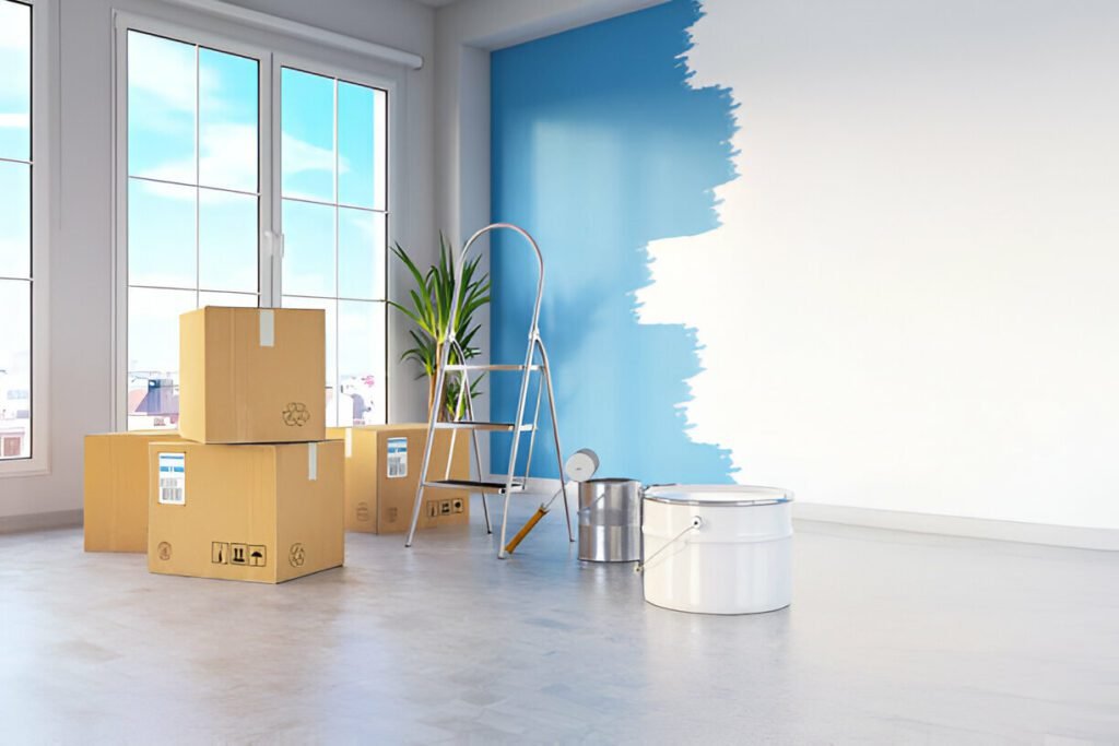 Room being painted with blue color, supplies and ladder ready for use.