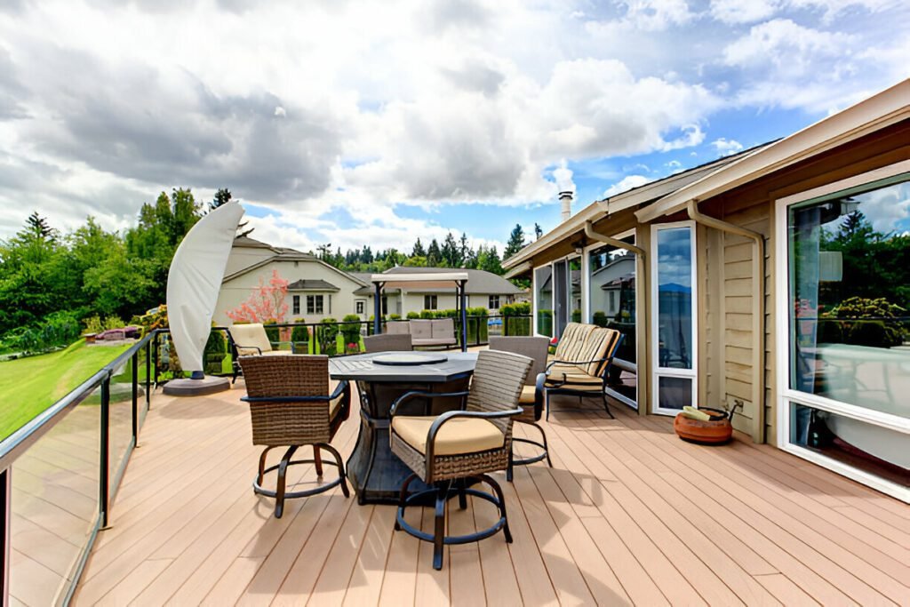 Spacious outdoor deck featuring durable composite decking and a stylish seating area