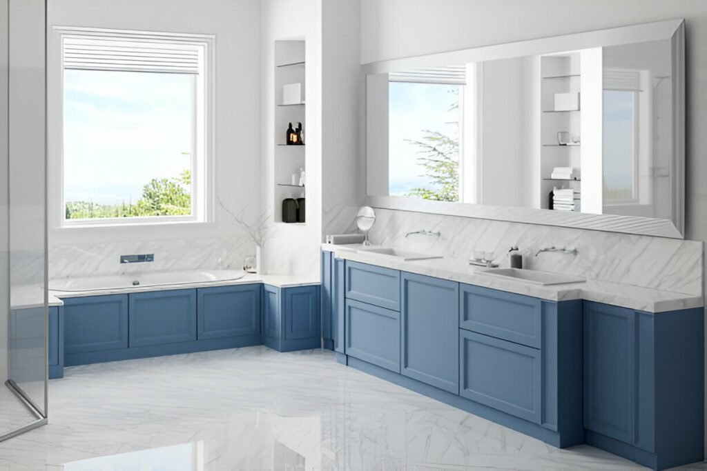 Modern bathroom with blue cabinets, marble countertops, and a built-in tub by the window.