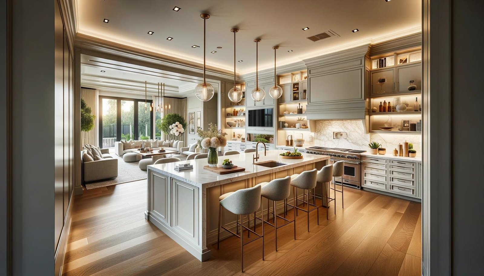 Modern custom kitchen with island, quartz, and smart appliances.